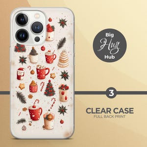 May include: A clear phone case with a full back print of a winter holiday design. The design features red and white candy canes, red and white mugs of hot chocolate, red and white Christmas trees, and other winter holiday imagery.