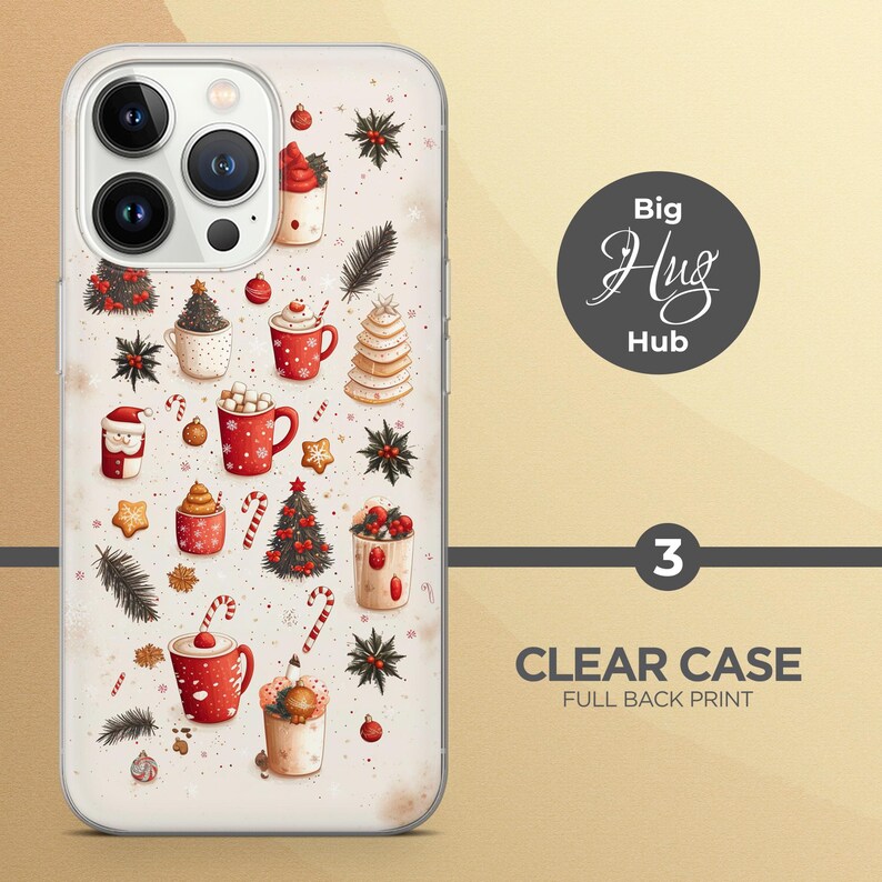 May include: A clear phone case with a full back print of a winter holiday design. The design features red and white candy canes, red and white mugs of hot chocolate, red and white Christmas trees, and other winter holiday imagery.