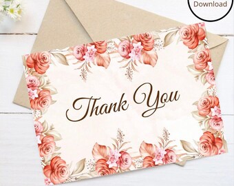 Peach Flower Thank You Card Printable, Wedding Party Card, Thank You Card Template, Thank You Card, Floral Thank You