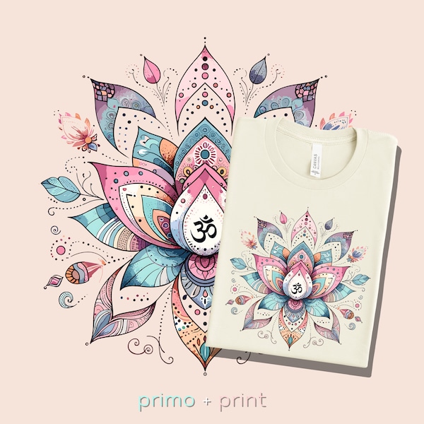 Bohemian Lotus Flower T-Shirt Design Pastel Yoga shirt, Aesthetic Om Symbol Tee, Vibrant Meditation Apparel for Yoga Lovers