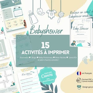 Jeux Baby Shower Garçon Français à imprimer ou éditer sur Canva - 15 Jeux Fête Prénatale - Editable