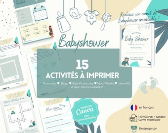French Baby Shower Boy Games to print or edit on Canva - 15 Baby Shower Games - Editable