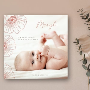 Faire-part de naissance Bébé Fille Floral Poudré - à imprimer ou télécharger - Faire-part naissance carré avec enveloppe.