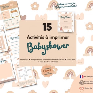 15 activités babyshower Fille à imprimer en français- 15 Jeux Fête Prénatale poudré - Pack jeux fête de naissance - Editable sur Canva