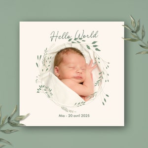 Faire-part de naissance Floral Vert - à imprimer ou télécharger - Faire-part carré avec enveloppe