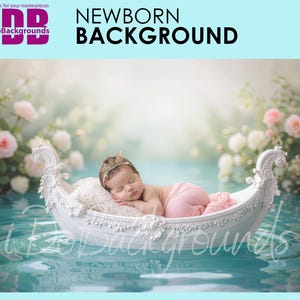 Newborn Digital Backdrop, Princess Baby girl Boat Digital Backdrop, Newborn Photography Background, Floral Water Scene Prop for Photoshop