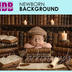 May include: A baby wearing a brown cap and round glasses rests on a stack of antique books. The background features a library with candles and more books. The image has the text "NEWBORN BACKGROUND" and "iDoBackgrounds".