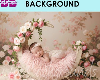Newborn Digital Backdrop, Blush Pink Cream Rose, Floral Moon Carriage Photography Background, Floral Composite Digital Photo background