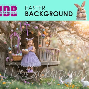 Easter digital backdrop, Easter Background, portrait kid and bunny under tree photography background, Spring Easter eggs Photoshop Composite