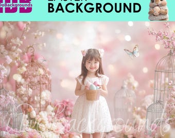 Easter digital backdrop, Pink Easter Background, portrait kid in flowers and birdcages photography background, Spring Easter eggs Composite