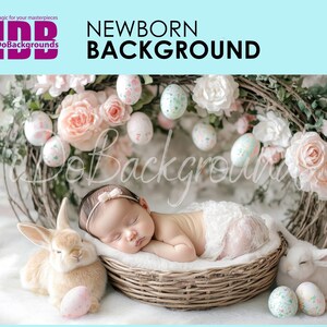 Cenário digital de Páscoa para recém-nascidos, Fundo de Páscoa para bebês, Ovos de Páscoa, Primavera, Rosa, Floral, Bebê e Coelho, Composto, Fundo de foto digital