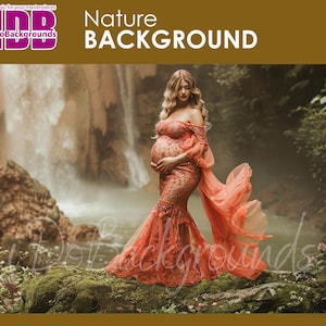 Nature Waterfall Digital Backdrop and Misty River, Mossy Rocks and Jungle Foliage, Fantasy for Maternity & Portrait photography background
