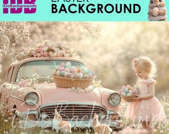 Easter digital backdrop, Easter Background, portrait kid and bunny with car photography background, Spring Easter eggs Photoshop Composite