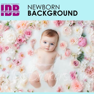 Newborn digital backdrop, Floral Milk Bath Newborn Background, Composite digital background, Pink Flower Prop baby Backdrop Photography