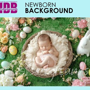 Cenário digital de Páscoa para recém-nascidos, fundo fofo de bebê da Páscoa, ovos de Páscoa florais em fundo de foto digital composto de bebê e coelho verde
