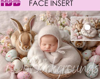 Easter Baby and Bunny Digital background, Easter backdrop, Newborn Face insert, PNG Newborn Photography, Add baby face Digital Photo Prop
