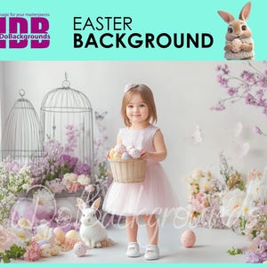 Easter digital backdrop, Easter Background, portrait kid and flowers birdcage photography background, Spring Easter eggs Photoshop Composite