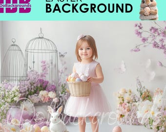 Easter digital backdrop, Easter Background, portrait kid and flowers birdcage photography background, Spring Easter eggs Photoshop Composite