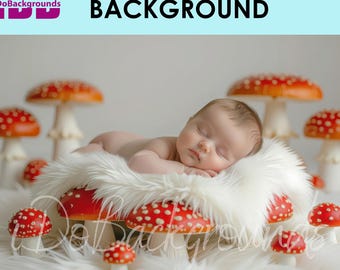 Newborn Digital Backdrop, Mushroom Garden Fairy Tale Newborn Digital Background, Whimsical Baby Bed with mushroom in white background