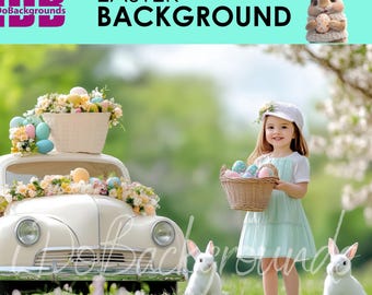 Easter digital backdrop, Easter Background, portrait kid and bunny with car photography background, Spring Easter eggs Photoshop Composite