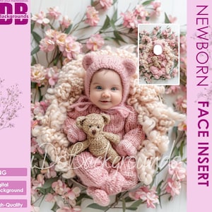 Newborn digital backdrop Face insert, Baby pink background, Baby pink bear flowers, PNG Newborn Photography Add face Digital Prop Composite
