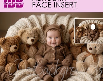 Newborn digital backdrop PNG Face insert, Teddy Bear Baby newborn theme, Background Photography, Add baby face Digital Photo Prop Composite