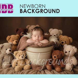 May include: A sleeping newborn baby is nestled in a rustic bucket, encircled by teddy bears in different shades. The scene is set on a soft, textured surface, with the words "NEWBORN BACKGROUND" above. The iDoBackgounds logo is in the upper left corner.
