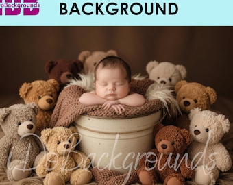 Fondo digital para recién nacidos, fondo con temática de osito de peluche, fondo digital, osito de peluche con manta tejida y maceta para fotografía de estudio.