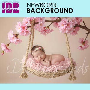 Pink Cherry Blossom Swing Newborn Digital Backdrop, Baby Floral Spring Photography Background, Floral Composite Digital Photo background