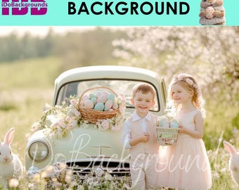 Easter digital backdrop, Easter Background, portrait kid and bunny with car photography background, Spring Easter eggs Photoshop Composite
