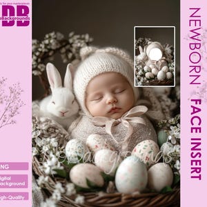 Easter Baby and Bunny Digital background, Spring Easter backdrop, Newborn Face insert, PNG Newborn Photography, Add face Digital Photo Prop