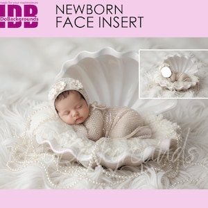 May include: A newborn baby wearing a beige outfit and a floral bonnet, sleeping peacefully inside a large, white seashell. The shell rests on a bed of fluffy white fabric, adorned with a pearl necklace. The text "NEWBORN FACE INSERT" is visible.