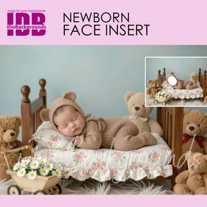 Newborn digital backdrop PNG Face insert, Cozy brown Teddy Bear with Wooden Bed Background Photography, Add baby face Digital Prop Composite