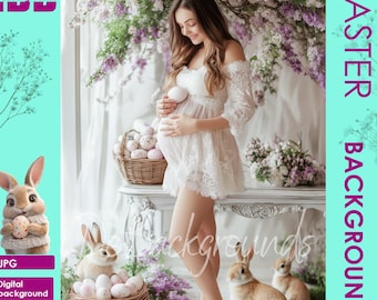 Easter flowers digital backdrop, Easter Background, portrait maternity or kid and bunny photography background, Spring Photoshop Composite