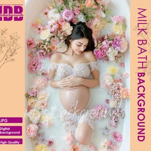 Digital bakgrund för gravida med blommigt mjölkbad: Graviditetsfotografikomposit (JPG-fil 4800x7200 px)