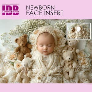 Newborn digital backdrop Face insert, Baby & Boho beige bear doll and Flower, PNG Newborn Photography, Add face Digital Photo Prop Composite
