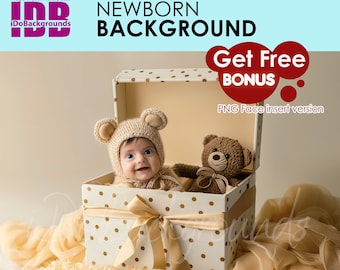 Digitale achtergrond pasgeboren fotografie, baby in geschenkverpakking, berenpop (JPG, PNG)