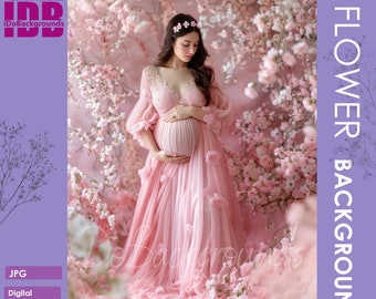 Pink Floral Spring backdrop for Maternity and Portrait photography background, flowers Photoshop Composite, maternity Studio Digital
