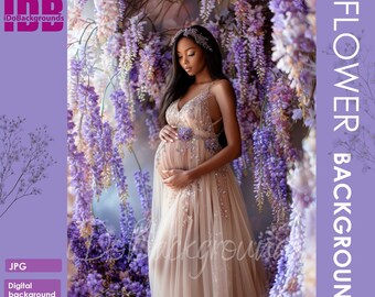 Purple Floral Spring backdrop for Maternity and Portrait photography background, flowers Photoshop Composite, maternity Studio Digital