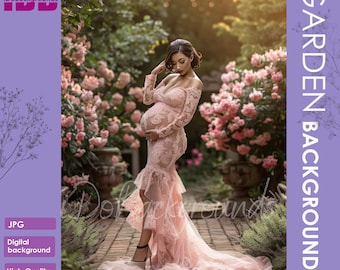 Floral Garden backdrop for Maternity and Portrait photography background, Photoshop Composite, flowers Spring Floral Composite background