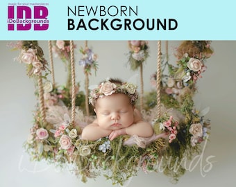 Fondo digital para recién nacidos con columpio floral, composición primaveral con musgo (JPG)