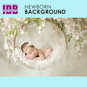 Swing Newborn digital backdrop, soft white flowers swing Spring Floral Composite digital background, Prop Backdrop, Digital Photo background