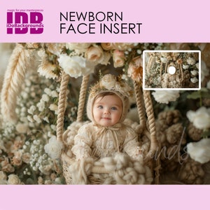 Newborn digital backdrop Face insert, PNG Newborn Photography, Add baby face Digital Photo Prop Composite, Baby Girl & Boho vintage Flowers