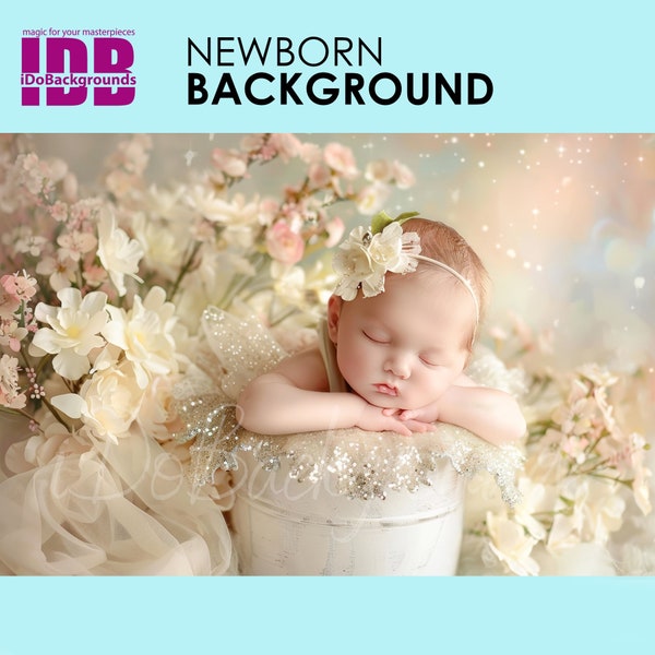 Newborn digital backdrop, Dreamy pastel bucket flowers Spring Floral Composite digital background, Prop Backdrop, Digital Photo background