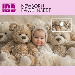 Insert de visage numérique pour nouveau-né, fond brun bébé, bébé et poupée ours brun, photographie de nouveau-né PNG ajouter un visage numérique Prop Composite