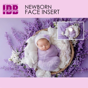 Newborn digital backdrop Face insert, PNG Newborn Photography, Add baby face Digital Photo Prop Composite, Baby Girl & soft Purple Flowers