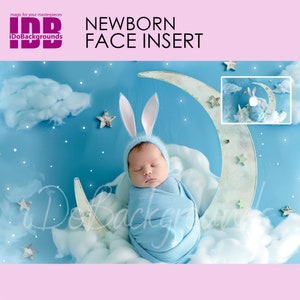 Newborn digital backdrop Face insert, PNG Newborn Photography, Baby sleeping on crescent moon, Add baby face Digital Photo Prop Composite