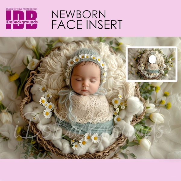 Telón de fondo digital para recién nacidos Inserción de cara, Fotografía de recién nacidos PNG, Añadir cara de bebé Foto digital compuesta, Niña y flores de margaritas boho