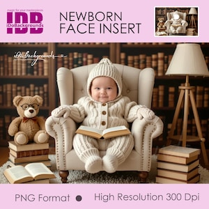 May include: A baby in a cream knitted outfit, including a hat, mittens, and a button-up sweater, sits in a cream armchair and holds a book. A teddy bear with glasses sits on a stack of books. The background is a library.