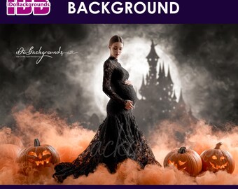 Halloween Maternity Photography Backdrop: Spooky Castle, Pumpkins, Fog (JPG Digital Download 300 DPI 7200x4800px )